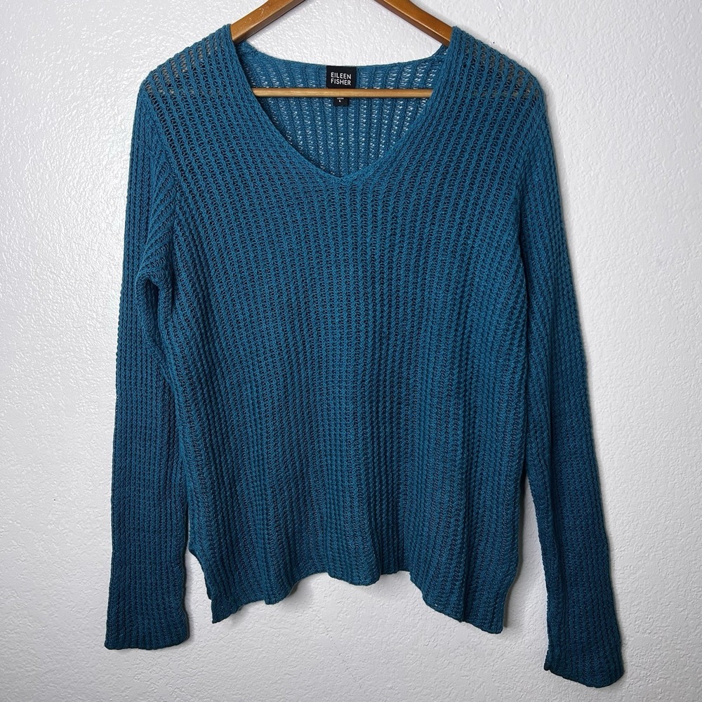 Eileen Fisher Open Knit Linen Sweater Blue Size Large Italian Yarn Long Sleeve - Picture 3 of 9